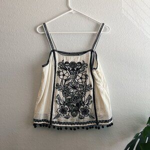 Akemi + Kin Anthropologie Black and White Embroidered Burnout Tank Top with Poms